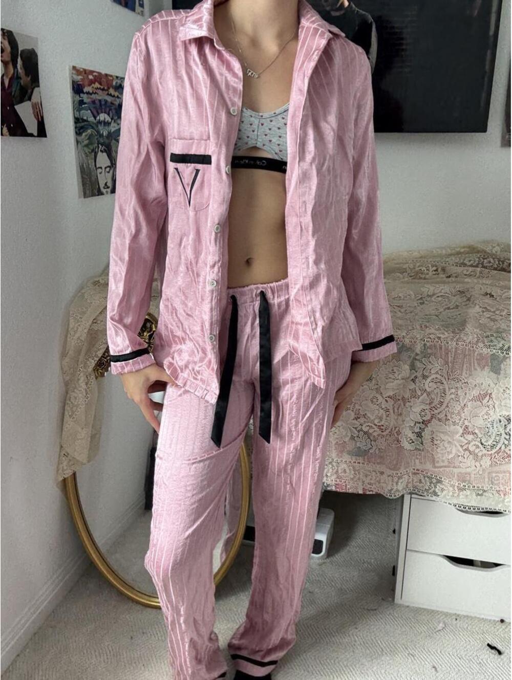 Victoria's Secret pink pinstripe pajama set with black trim